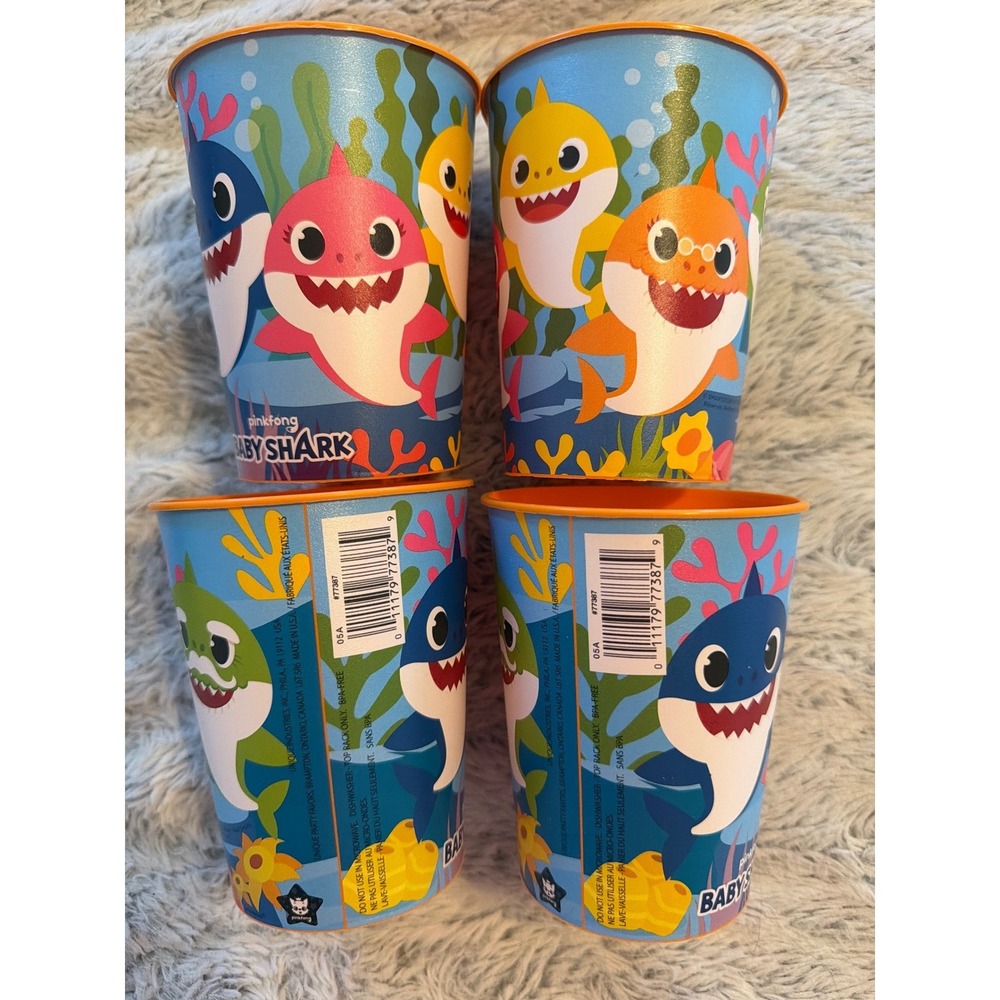 Pinkfong Baby Shark Reusable Plastic Party Favor Cups Set of 4 Blue Orange 16oz